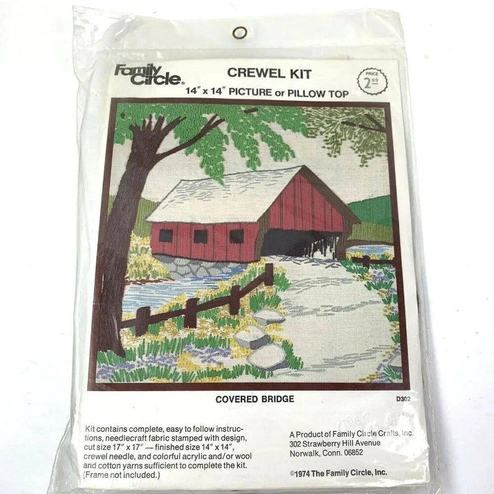 Vtg Crewel Kit Red Covered Bridge Picture Pillow Top Family Circle D302 14x14
